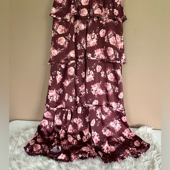 {Altar'd State} Stellni Floral Satin Tiered Maxi Gown Dress - Womens Medium - Picture 8 of 12